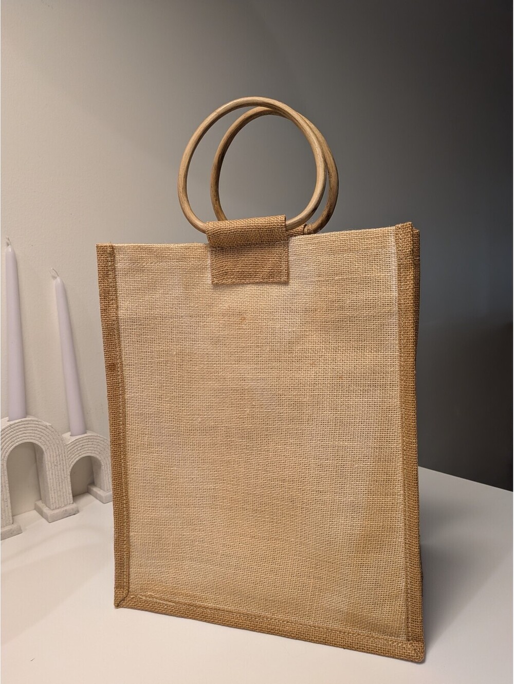 Burlap 6 Bottle Wine Holder natural jute tote bag round wooden handles Note *